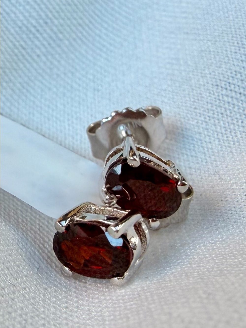 White Gold Rhodium/925 Sterling Silver Garnet Stud Earrings - Deep Red